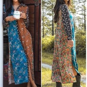 Natural Life Patchwork Floral Maxi Shirt Dress Boho Cottagecore Size M